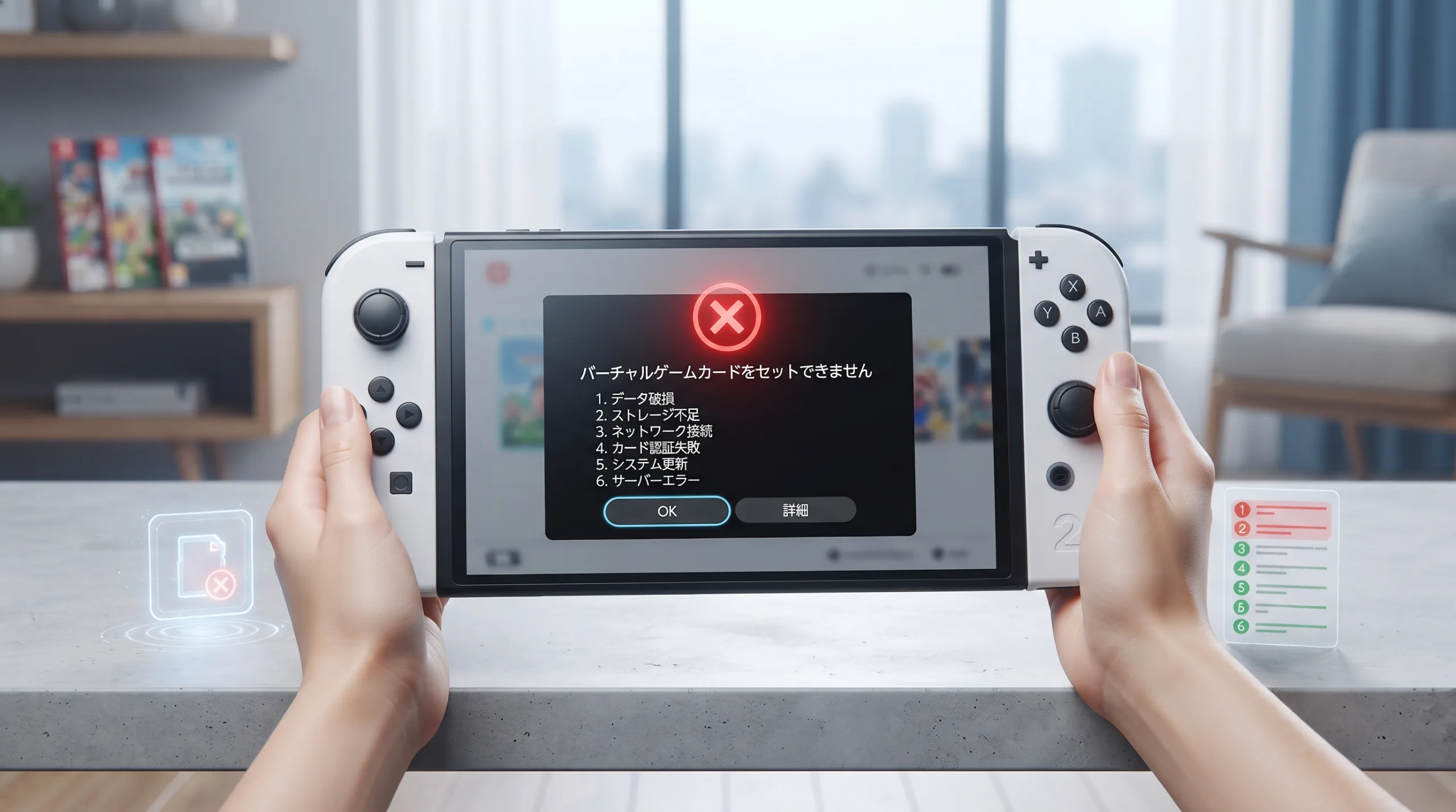 Nintendo Switchなどのゲーム機画面にバーチャルゲームカードがセットできないエラー画面が表示されている様子と、6つの原因・解決策を解説するHero画像