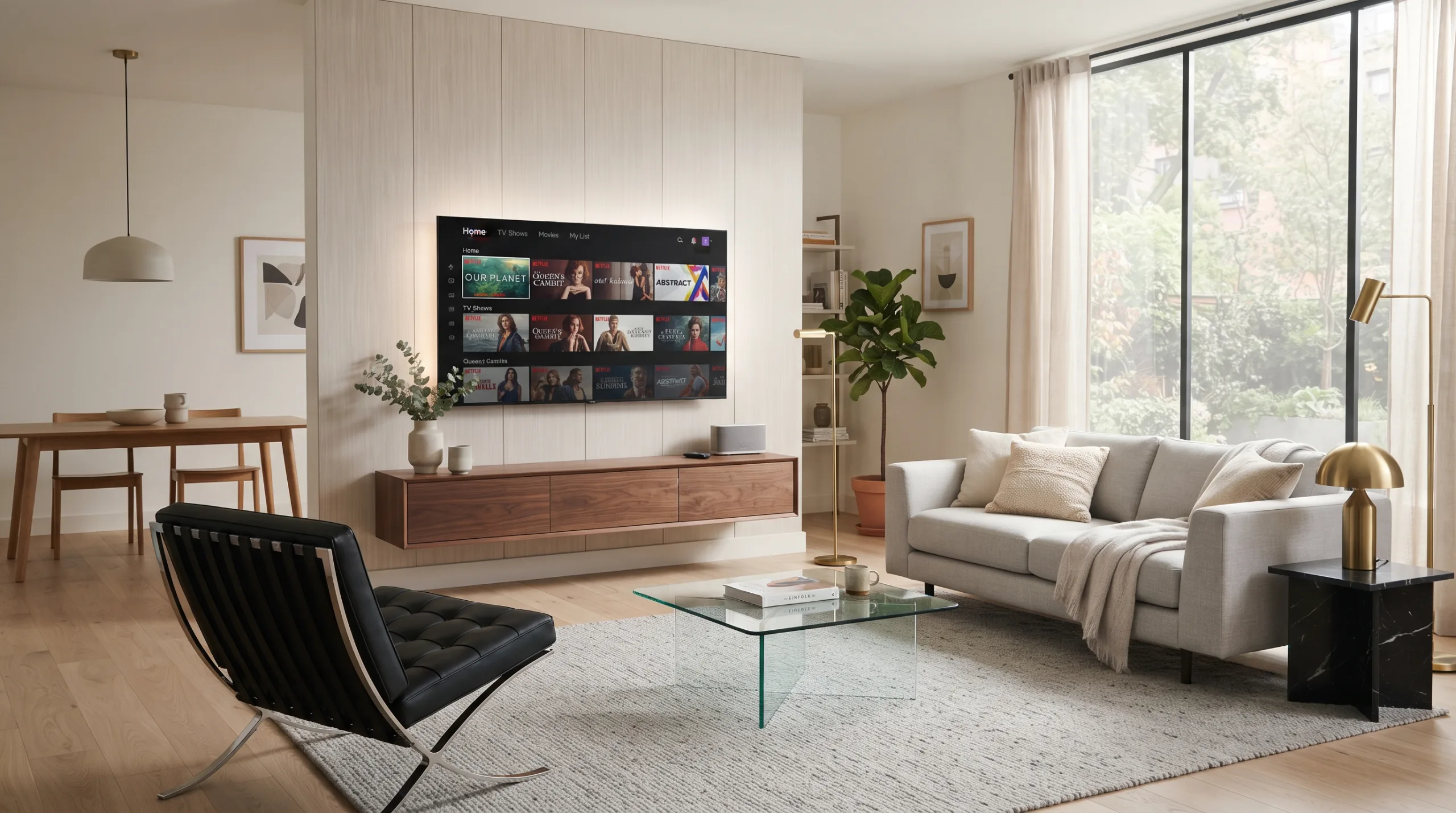 リビングの明るい部屋で、テレビ画面にストリーミングサービスの画面が映し出された様子。シンプルでモダンなインテリアが広がり、ネット配信のトラブルシューティングを落ち着いて確認できるようなクリーンで洗練された雰囲気の室内風景。