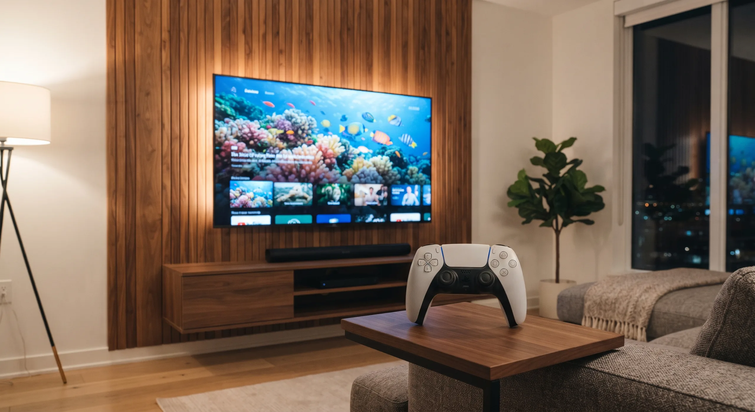 リビングの大型テレビとPlayStation 5のコントローラー。温かみのある木目調のインテリアに囲まれ、モダンで洗練された空間の中で動画配信サービスを快適に楽しむ落ち着いた雰囲気の風景。