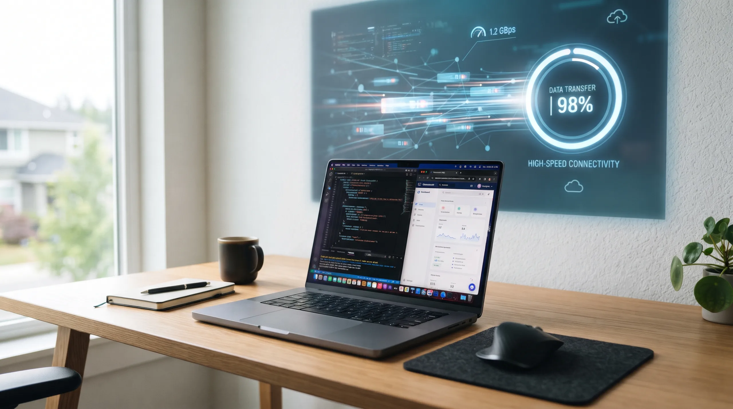 明るいミニマルなホームオフィスで、高速なネットワーク接続によるスムーズなデータダウンロードを象徴するモダンなノートパソコン。クリーンで洗練されたデスク周りと柔らかな自然光が差し込む、落ち着いた雰囲気の風景。